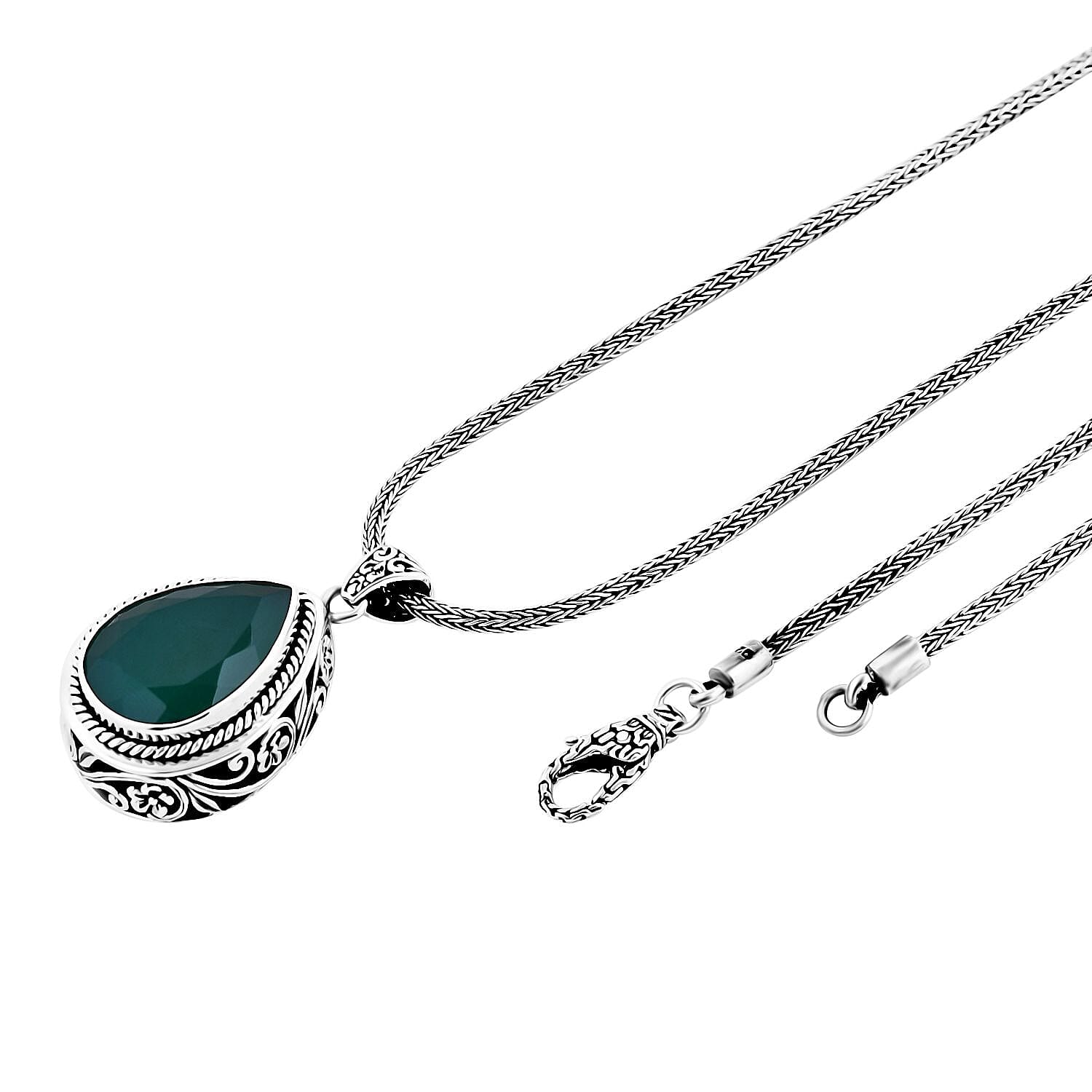 Bali Legacy Verde Onyx 18.40 ctw Floral Pendant with Tulang Naga Necklace 18 Inches in Sterling Silver