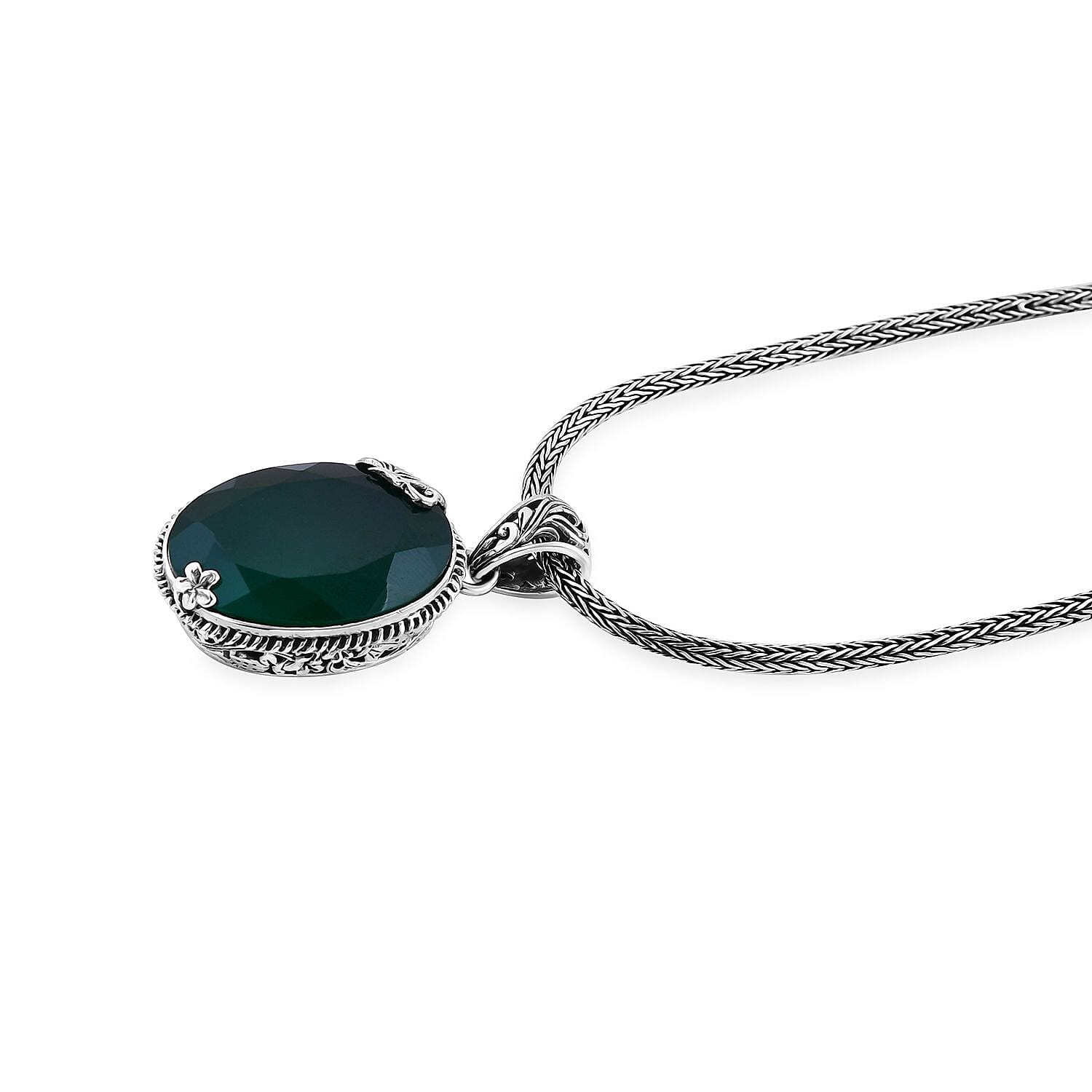 Bali Legacy Verde Onyx 19.70 ctw Floral and Butterfly Pendant with Tulang Naga Necklace 18 Inches in Sterling Silver