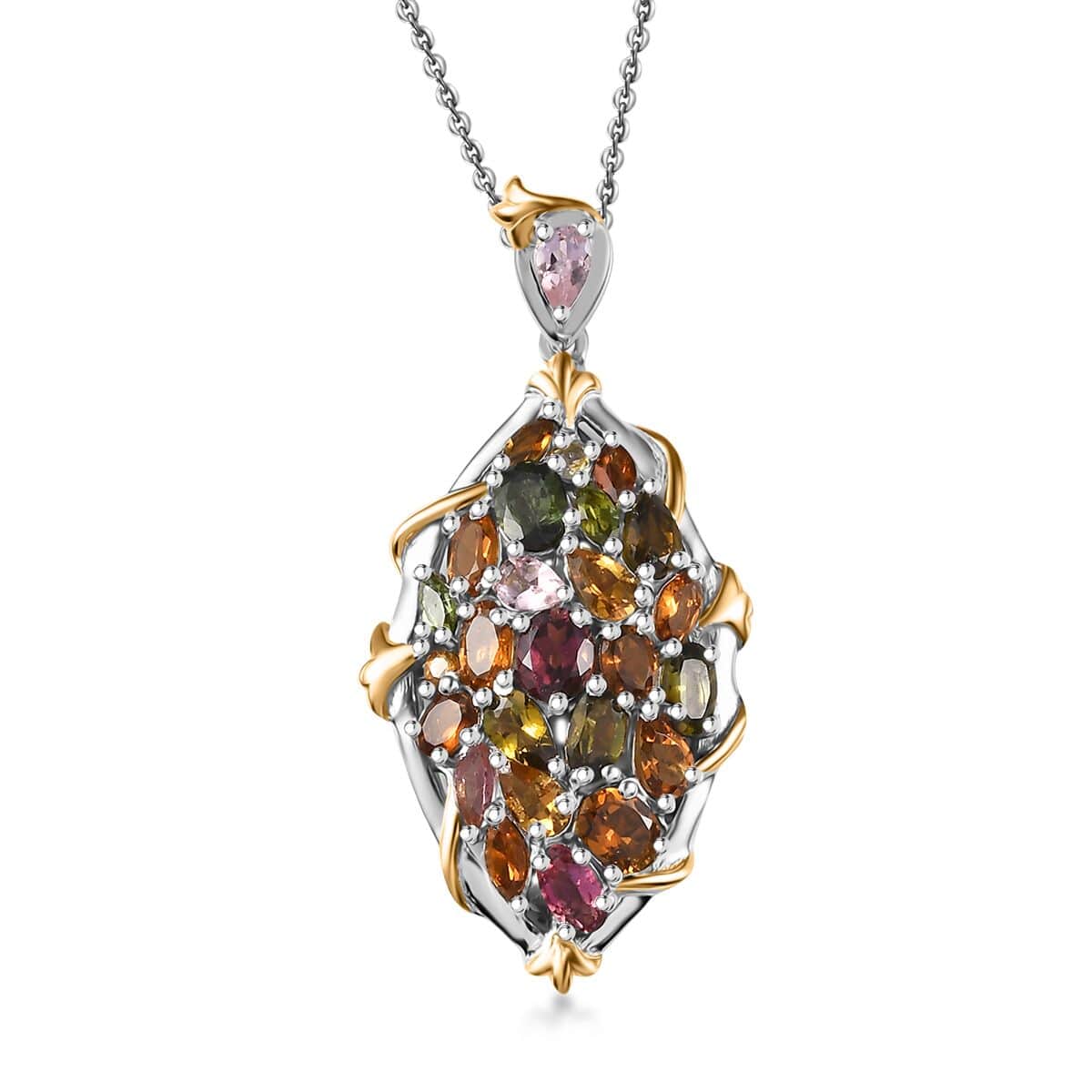 Multi-Tourmaline 4.75 ctw Leaf Pendant Necklace in 18K Vermeil YG and Rhodium Over Sterling Silver 20 Inches image number 0