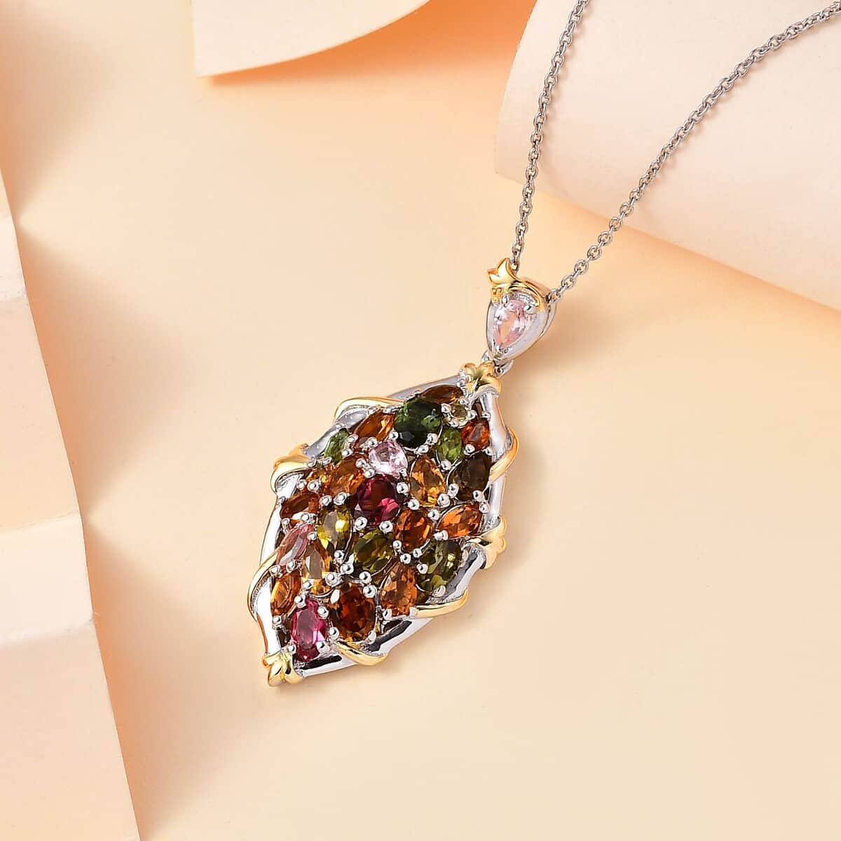 Multi-Tourmaline 4.75 ctw Leaf Pendant Necklace in 18K Vermeil YG and Rhodium Over Sterling Silver 20 Inches image number 1