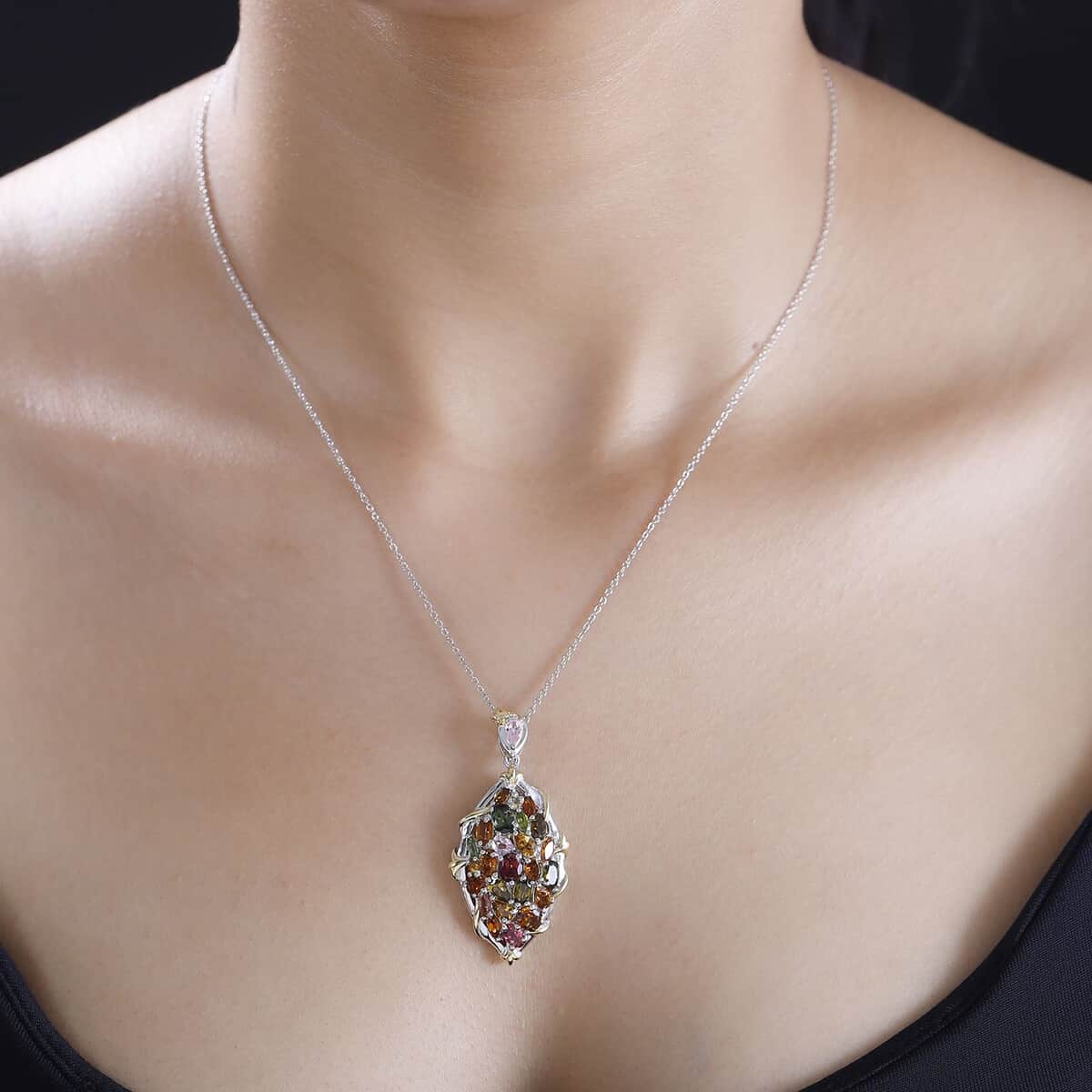 Multi-Tourmaline 4.75 ctw Leaf Pendant Necklace in 18K Vermeil YG and Rhodium Over Sterling Silver 20 Inches image number 2