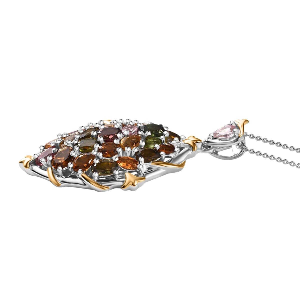 Multi-Tourmaline 4.75 ctw Leaf Pendant Necklace in 18K Vermeil YG and Rhodium Over Sterling Silver 20 Inches image number 3