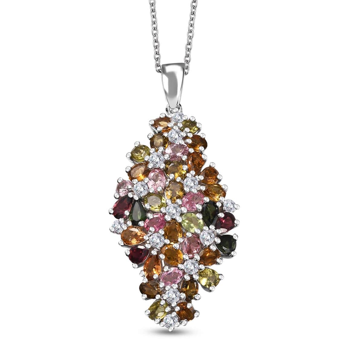 Multi-Tourmaline and Moissanite 7.25 ctw Bunch of Flower Pendant Necklace in Rhodium Over Sterling Silver 20 Inches image number 0