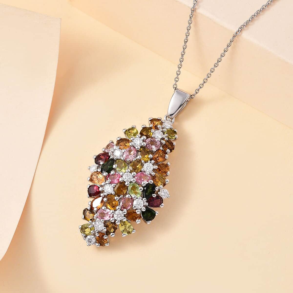 Multi-Tourmaline and Moissanite 7.25 ctw Bunch of Flower Pendant Necklace in Rhodium Over Sterling Silver 20 Inches image number 1