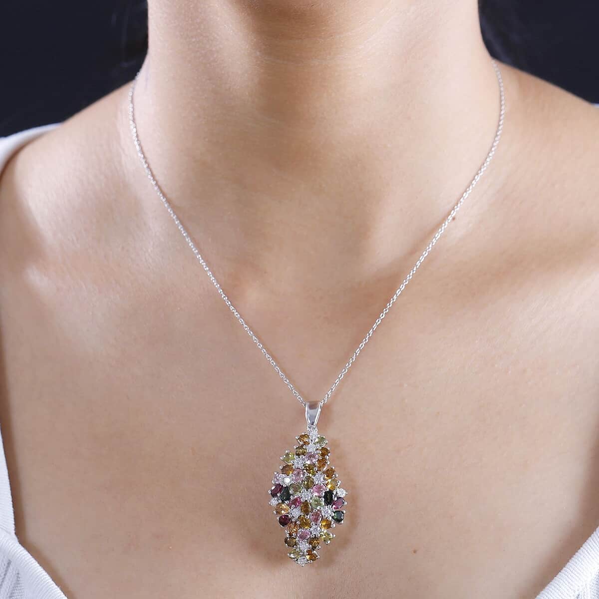 Multi-Tourmaline and Moissanite 7.25 ctw Bunch of Flower Pendant Necklace in Rhodium Over Sterling Silver 20 Inches image number 2