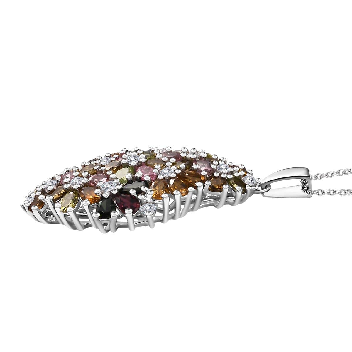 Multi-Tourmaline and Moissanite 7.25 ctw Bunch of Flower Pendant Necklace in Rhodium Over Sterling Silver 20 Inches image number 3