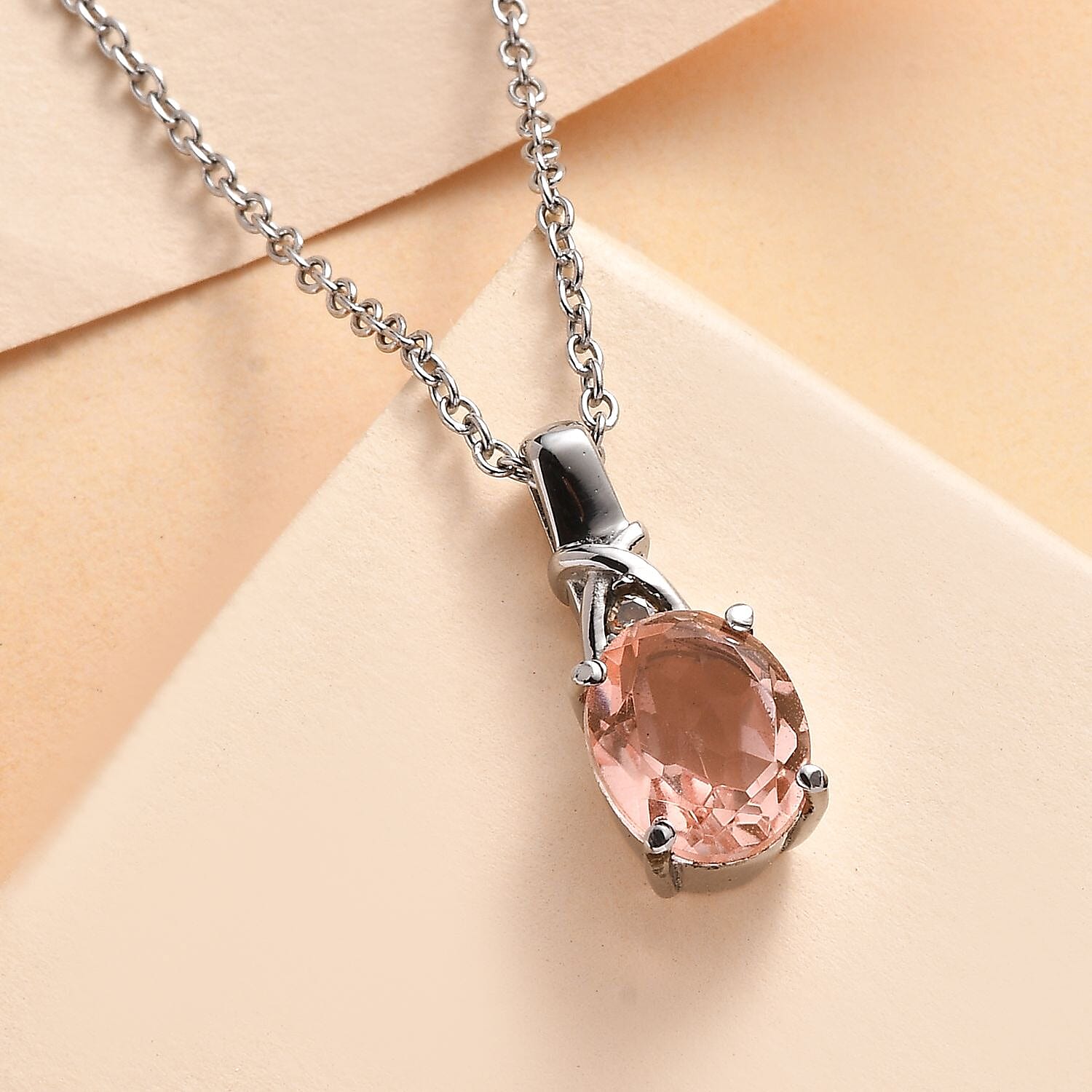 Morganique Quartz (Triplet) and Simulated Champagne Diamond 2.80 ctw Pendant Necklace in Stainless Steel 20 Inches