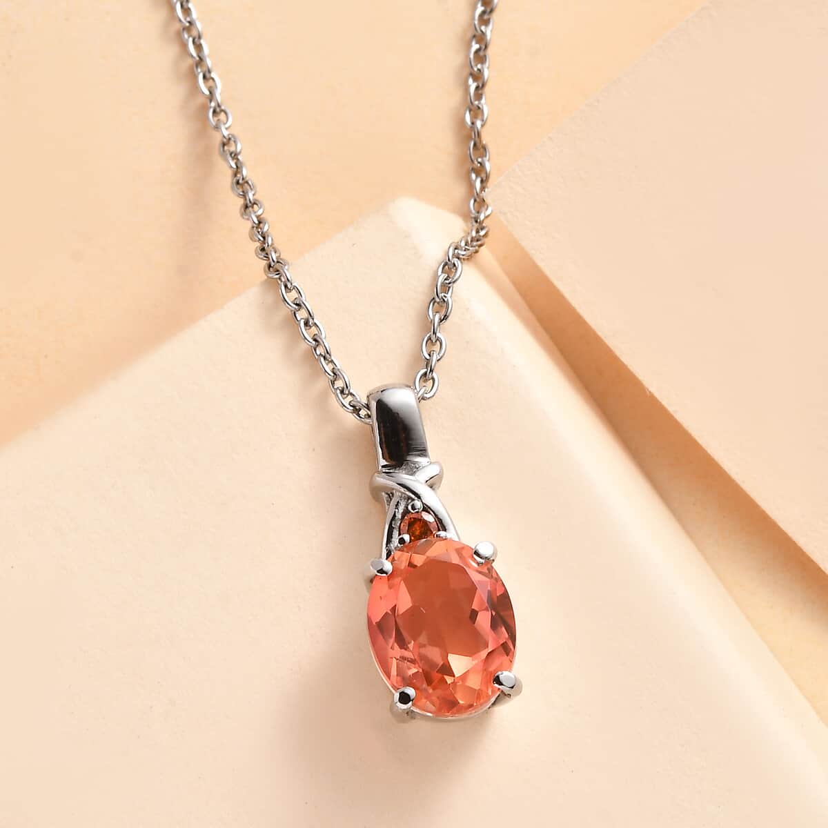 Padparadscha Quartz (Triplet) and Simulated Orange Diamond 2.90 ctw Pendant Necklace in Stainless Steel 20 Inches image number 1