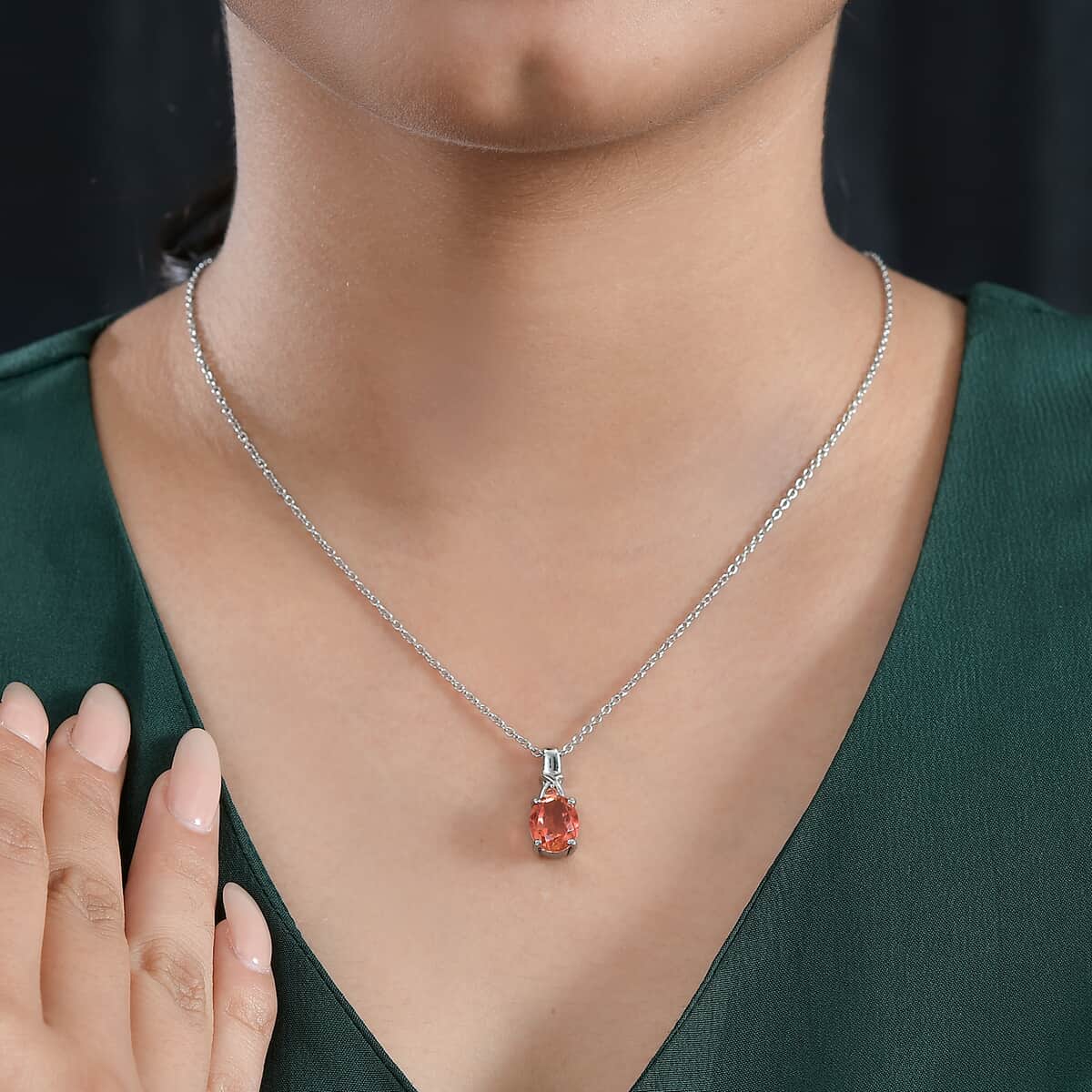 Padparadscha Quartz (Triplet) and Simulated Orange Diamond 2.90 ctw Pendant Necklace in Stainless Steel 20 Inches image number 2