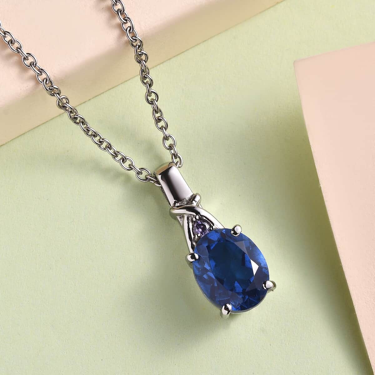 Ceylon Color Quartz (Triplet) and Simulated Tanzanite Diamond 2.90 ctw Pendant Necklace in Stainless Steel 20 Inches image number 1