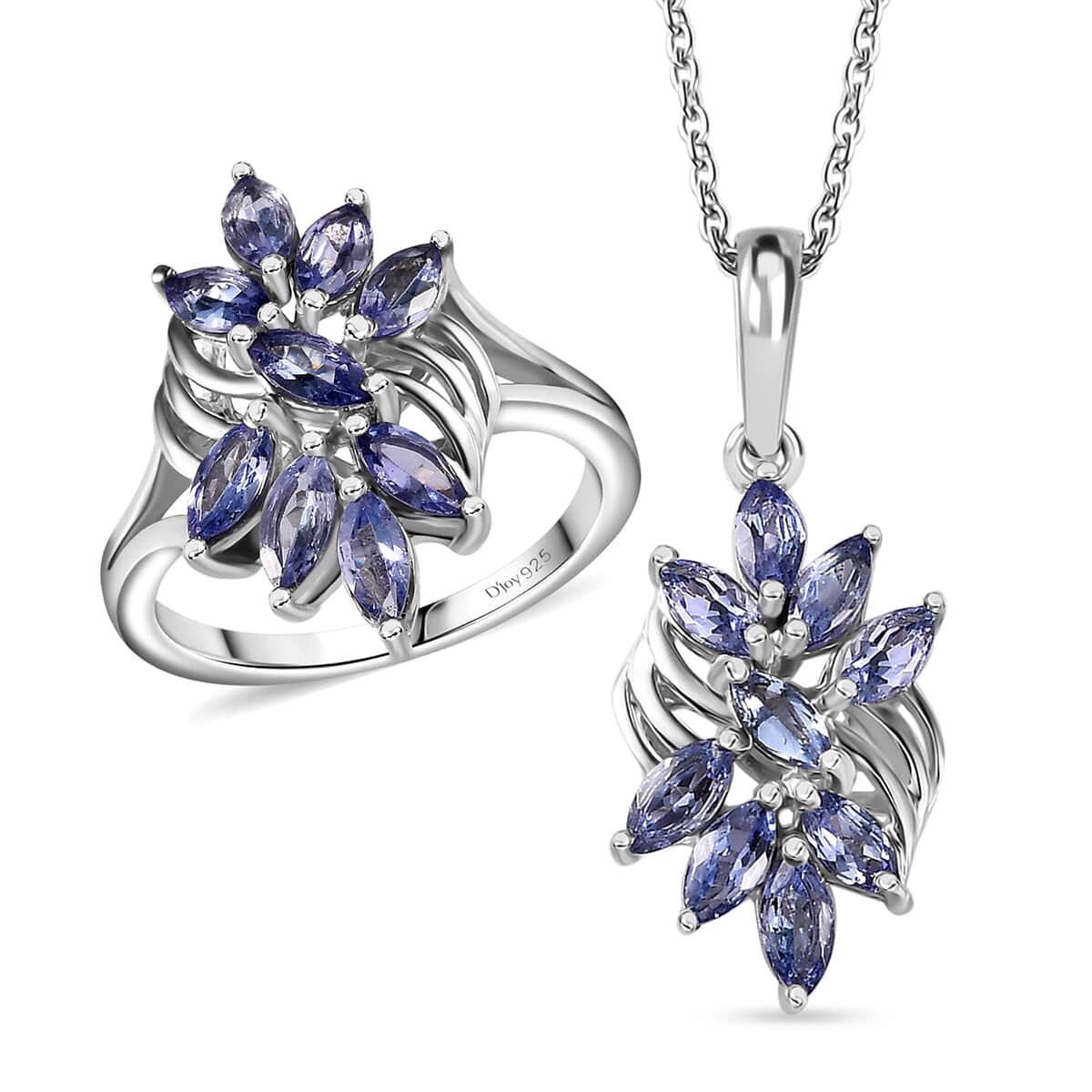 Tanzanite Floral Ring (Size 5.0), Pendant Necklace (20 Inches) in Rhodium Over Sterling Silver 2.40 ctw image number 0