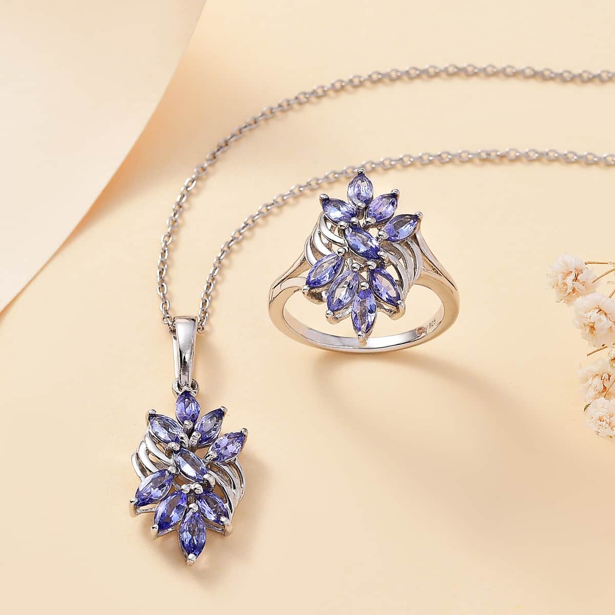 Tanzanite Floral Ring (Size 5.0), Pendant Necklace (20 Inches) in Rhodium Over Sterling Silver 2.40 ctw image number 1