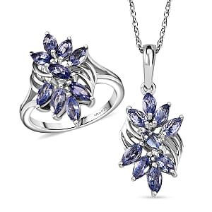 Tanzanite 2.40 ctw Bromeliad Floral Ring (Size 9.0) and Pendant Necklace in Rhodium Over Sterling Silver 20 Inches