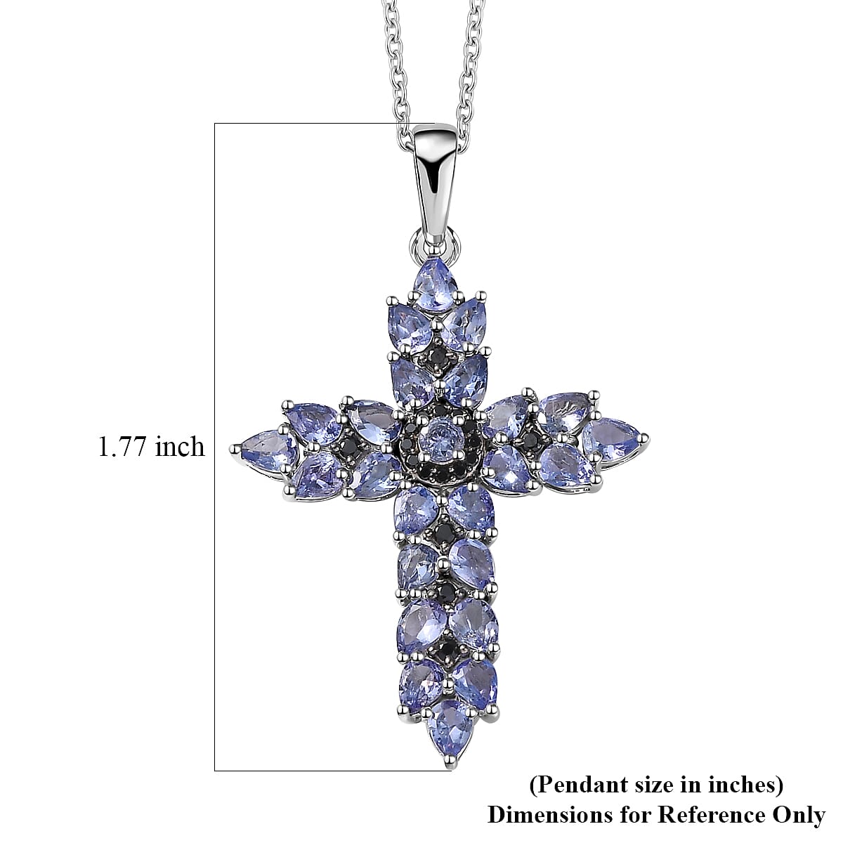 Tanzanite and Thai Black Spinel 3.60 ctw Cross Pendant Necklace in Rhodium Over Sterling Silver 20 Inches