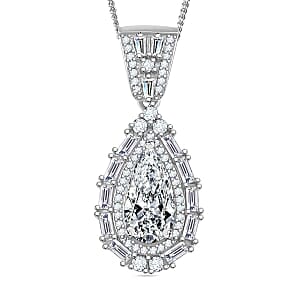 TLV Moissanite (Bgt 12x6mm) Baguette Shape Pendant Necklace (20 Inches) in Rhodium Over Sterling Silver 4.40 ctw