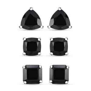 Set of 3 Thai Black Spinel 18.20 ctw Solitaire Stud Earrings in Rhodium Over Sterling Silver 