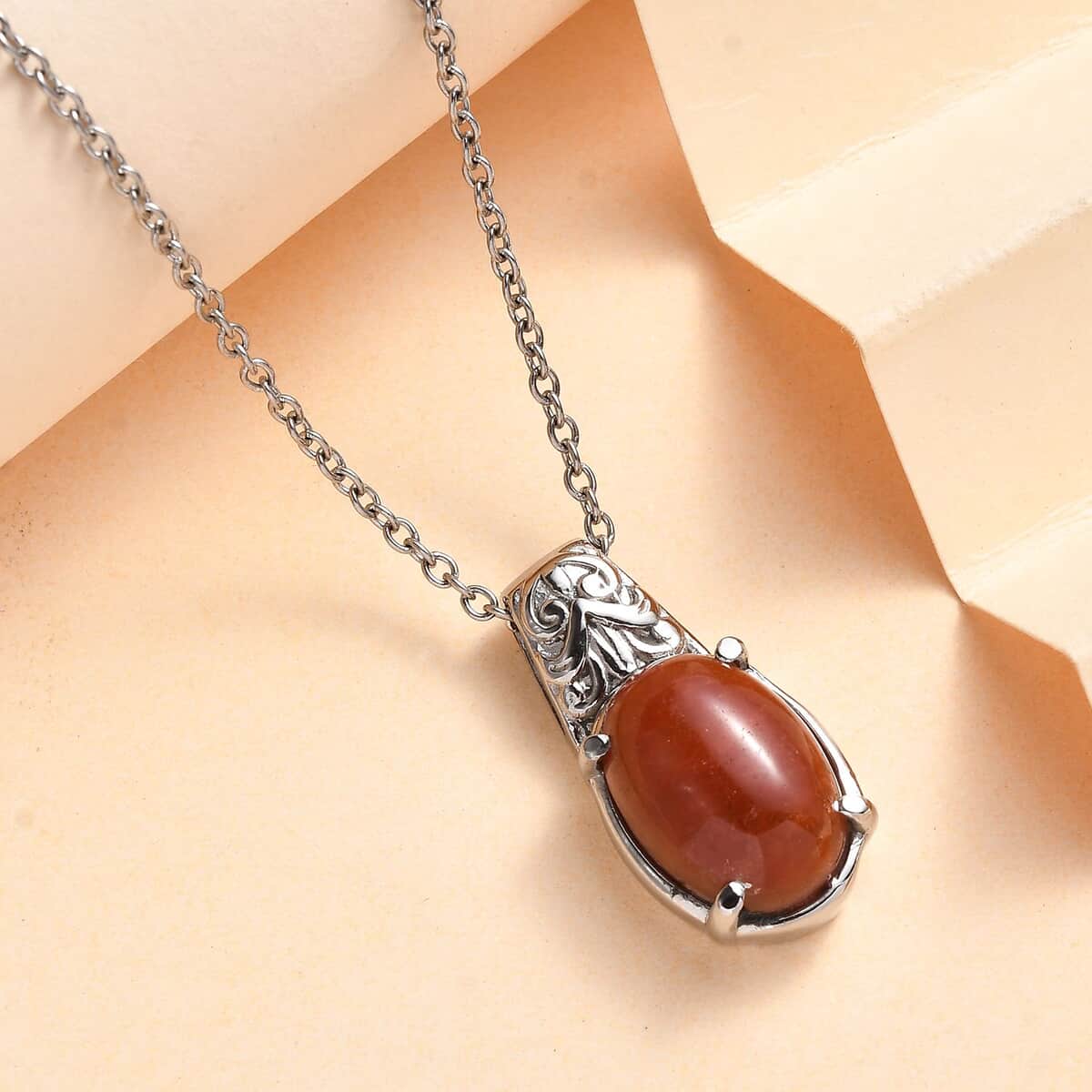 Red Jade (D) 7.25 ctw Pendant Necklace 20 Inches in Stainless Steel  image number 1