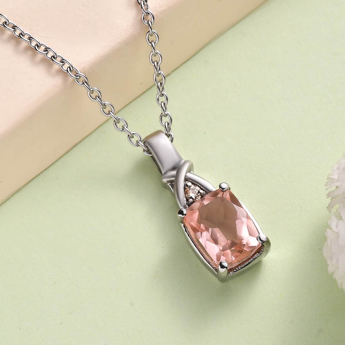 Morganique Quartz (Triplet) and Simulated Champagne Diamond 2.75 ctw Pendant Necklace in Stainless Steel 20 Inches image number 1