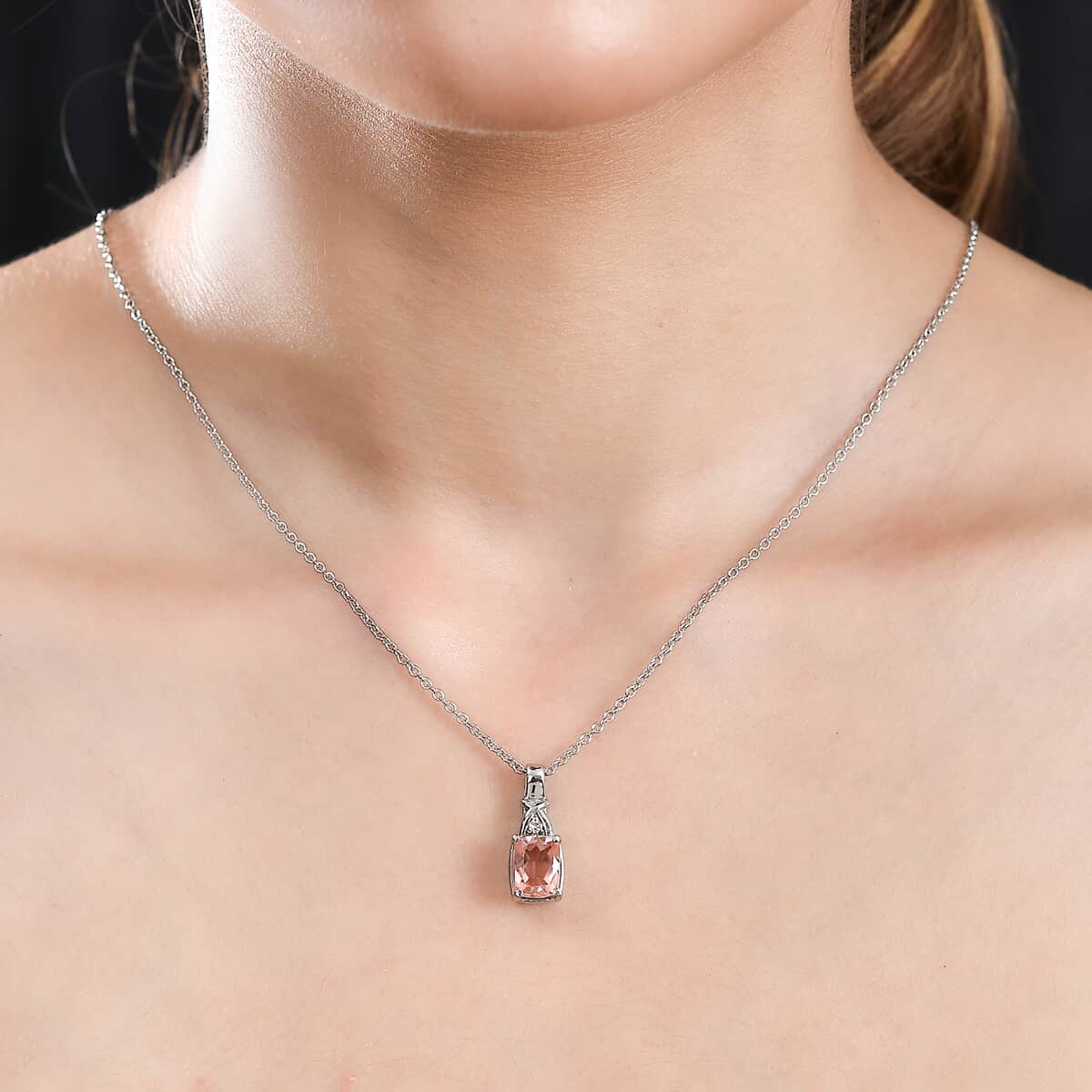 Morganique Quartz (Triplet) and Simulated Champagne Diamond 2.75 ctw Pendant Necklace in Stainless Steel 20 Inches image number 2