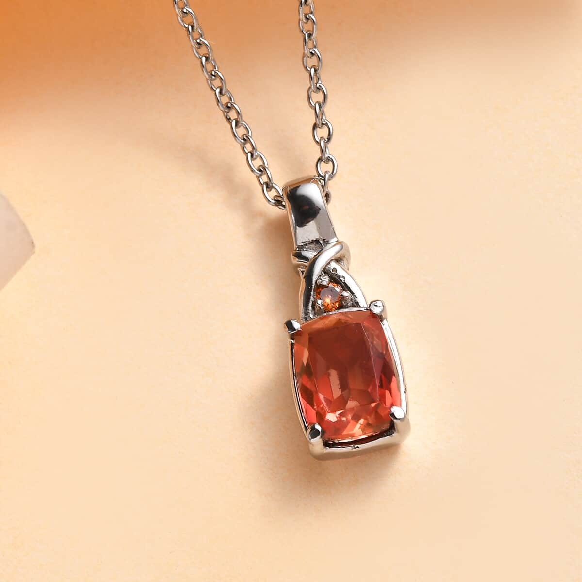 Padparadscha Quartz (Triplet) and Simulated Orange Diamond 2.50 ctw Pendant Necklace in Stainless Steel 20 Inches image number 1