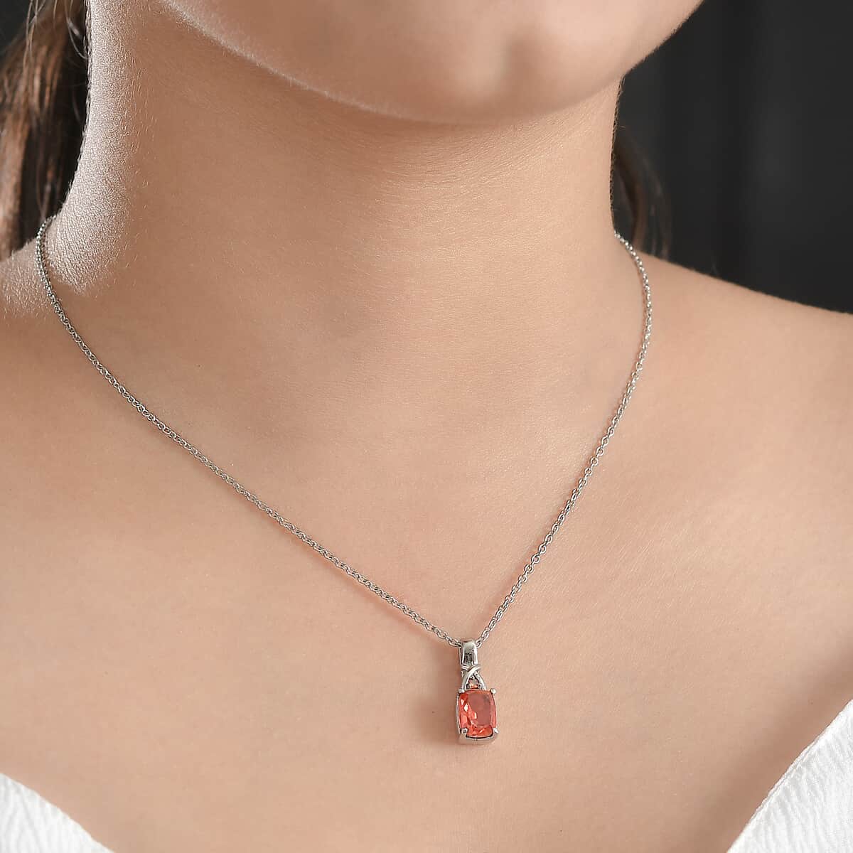 Padparadscha Quartz (Triplet) and Simulated Orange Diamond 2.50 ctw Pendant Necklace in Stainless Steel 20 Inches image number 2