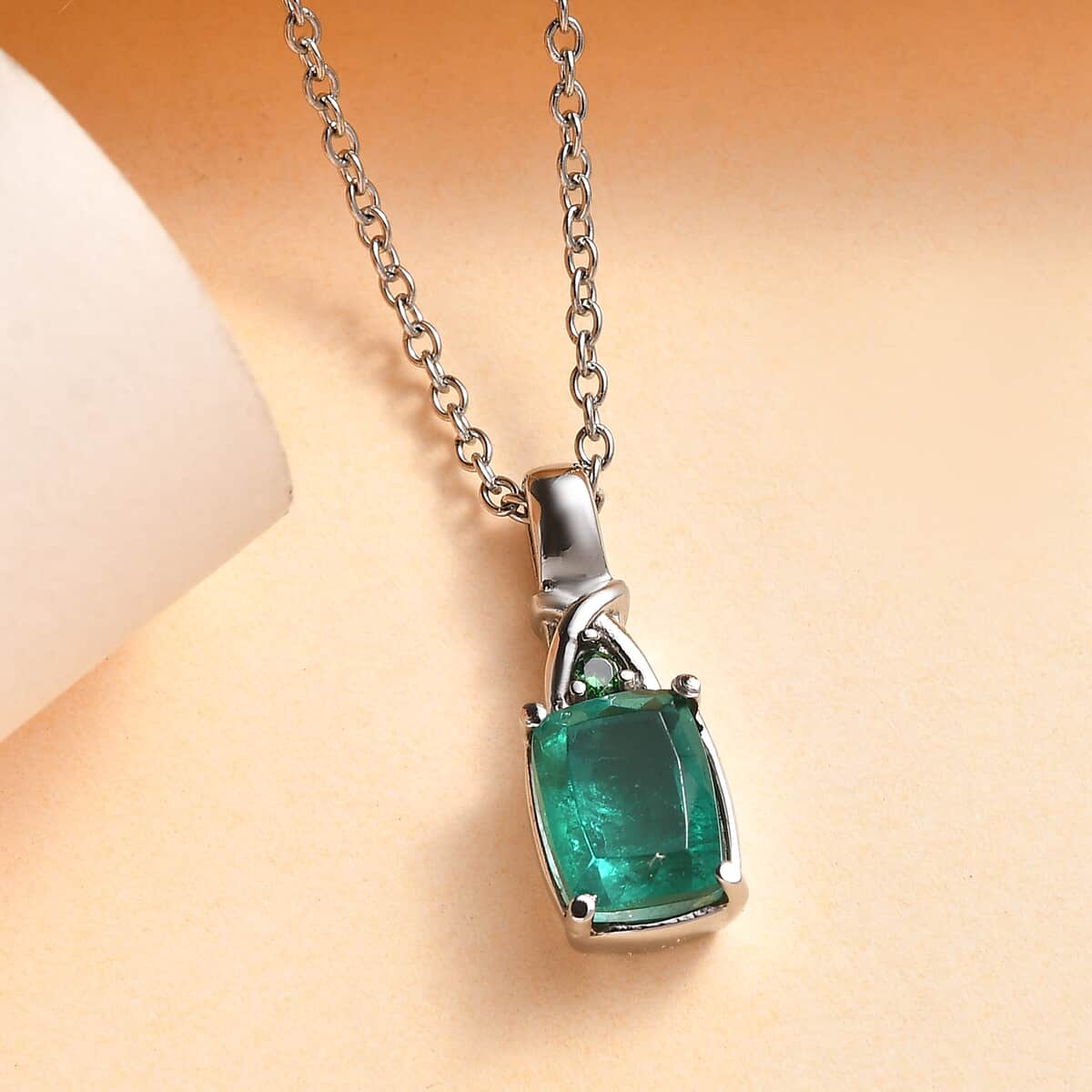 Emeraldine Quartz (Triplet) and Simulated Green Diamond 2.75 ctw Pendant Necklace in Stainless Steel 20 Inches image number 1