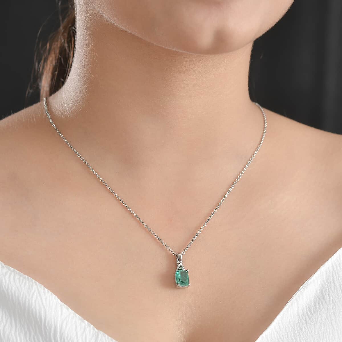 Emeraldine Quartz (Triplet) and Simulated Green Diamond 2.75 ctw Pendant Necklace in Stainless Steel 20 Inches image number 2