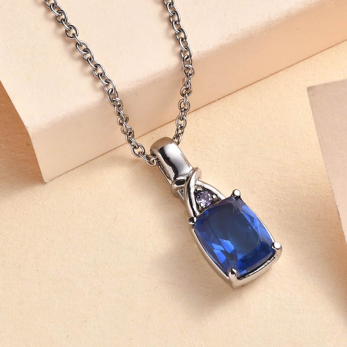 Ceylon Color Quartz (Triplet) and Simulated Tanzanite Diamond 2.60 ctw Pendant Necklace in Stainless Steel 20 Inches image number 1