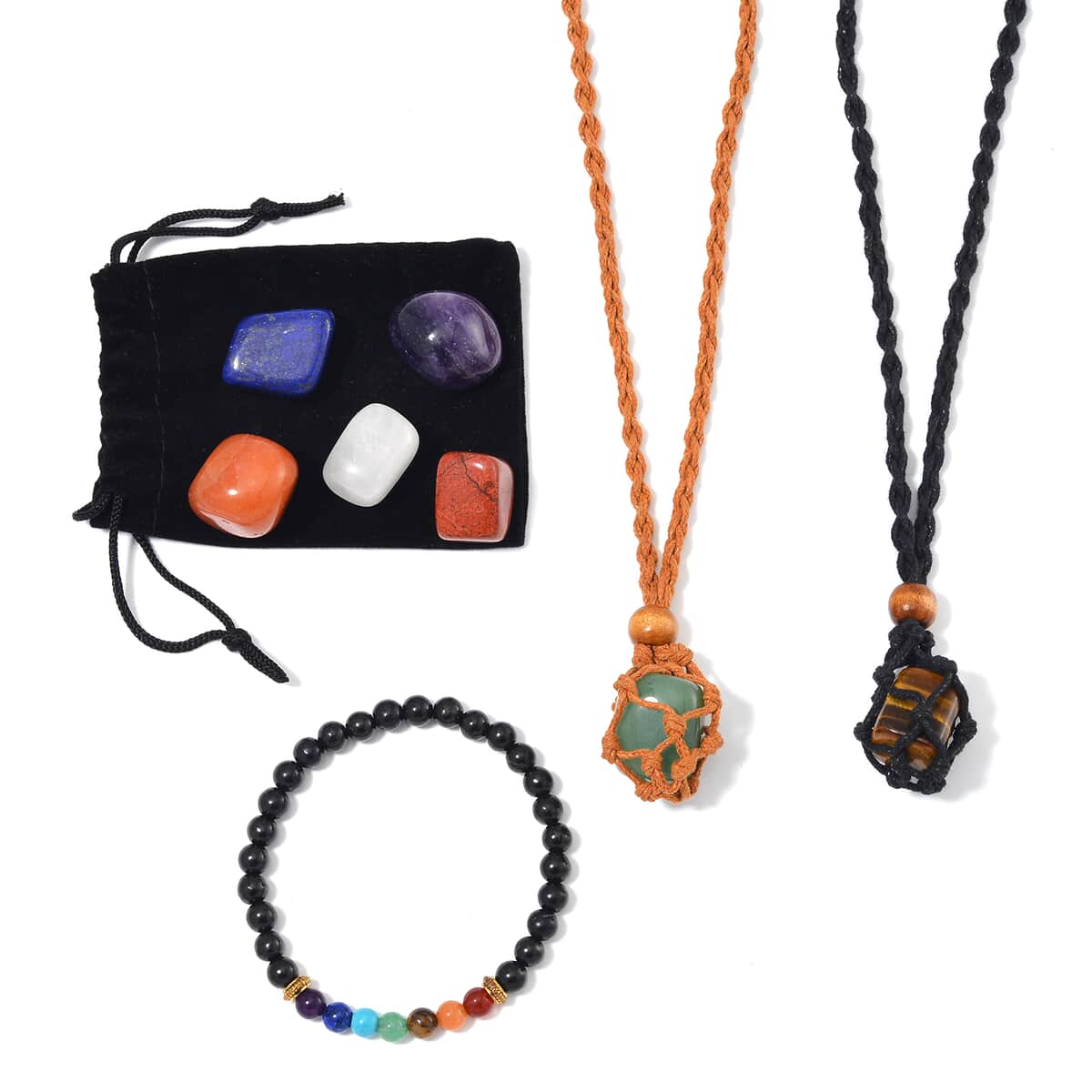 Multi Gemstone 163.00 ctw Seven Chakra, 7 Pcs Interchangeable Stone with 2 Basket Pendant Necklace (28 Inches) and Beaded Stretch Bracelet in Goldtone image number 0