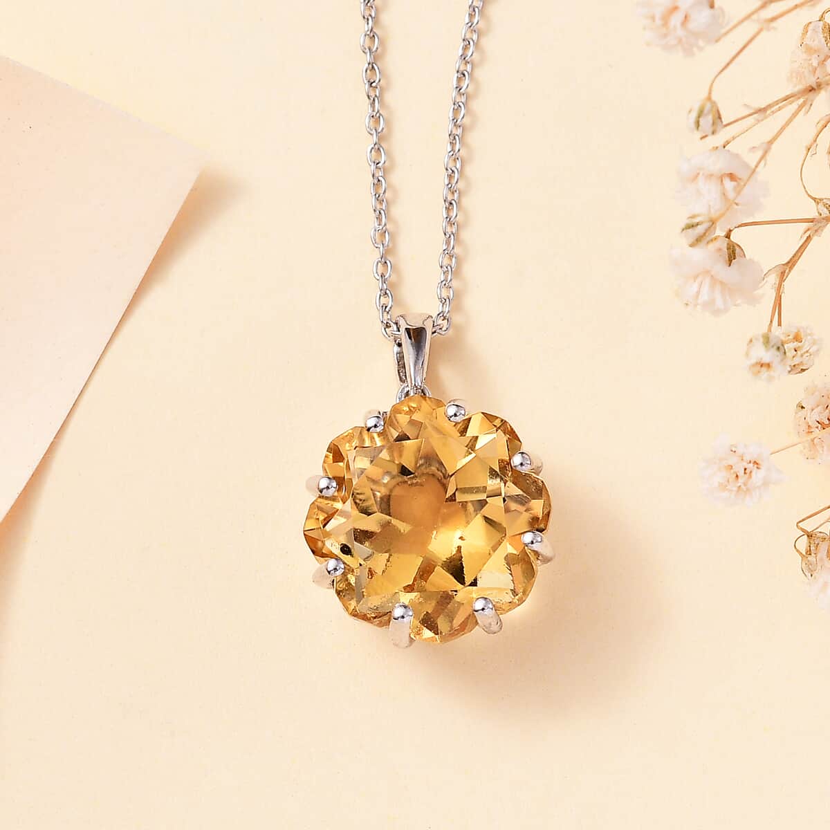 Lotus Cut Brazilian Citrine 10.50 ctw Pendant Necklace 20 Inches in Rhodium Over Sterling Silver image number 1