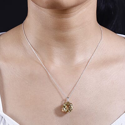 Lotus Cut Brazilian Citrine 10.50 ctw Pendant Necklace 20 Inches in Rhodium Over Sterling Silver