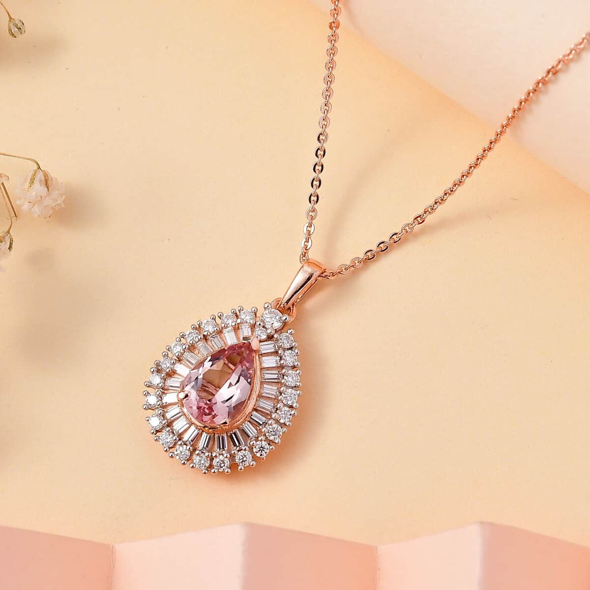 Premium Pink Morganite and Moissanite Pendant Necklace 20 Inches in 18K Vermeil Rose Gold Over Sterling Silver 1.90 ctw image number 1