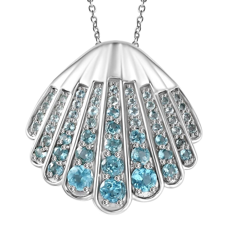 Premium Betroka Blue Apatite 3.00 ctw Sea-Shell Pendant Necklace in Rhodium Over Sterling Silver 20 Inches