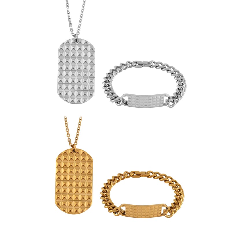 Set of 2 Texture Dog Tag Men's Bracelet (8in) and Pendant Necklace (24 Inches) in ION Plated YG and Stainless Steel
