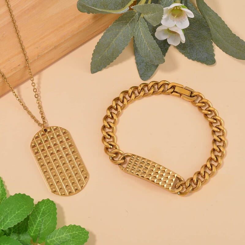 Set of 2 Texture Dog Tag Men's Bracelet (8in) and Pendant Necklace (24 Inches) in ION Plated YG and Stainless Steel