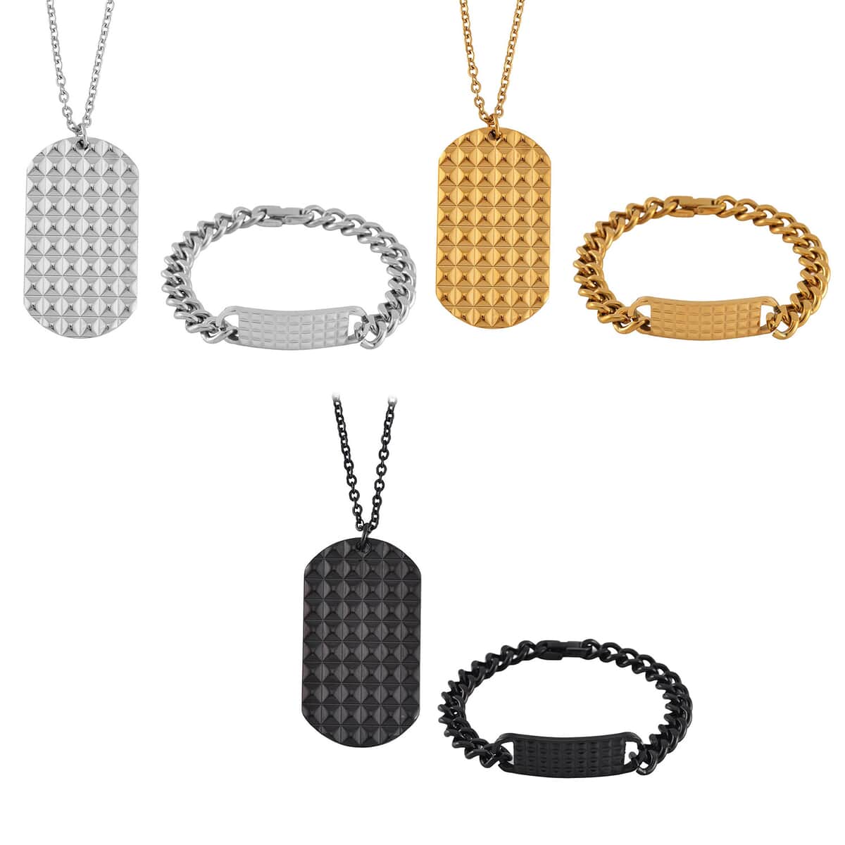 Set of 3 Texture Dog Tag Men's Bracelet (8in) and Pendant Necklace (24 Inches) in ION Plated YG, Black and Stainless Steel image number 0