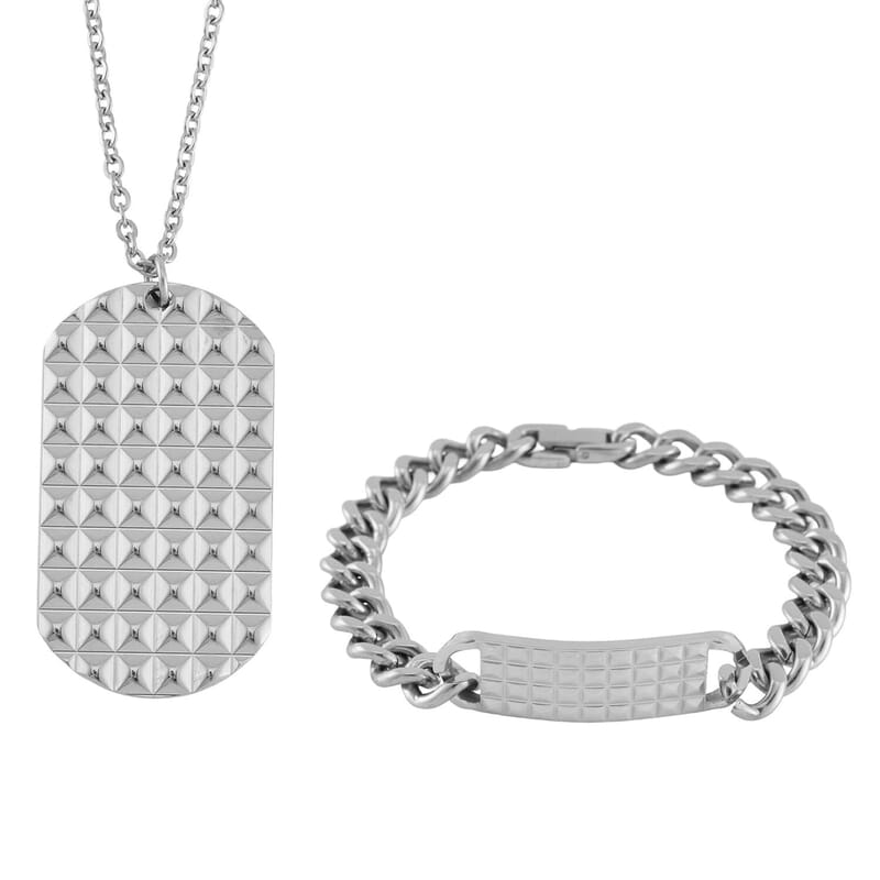 Set of 3 Texture Dog Tag Men's Bracelet (8in) and Pendant Necklace (24 Inches) in ION Plated YG, Black and Stainless Steel