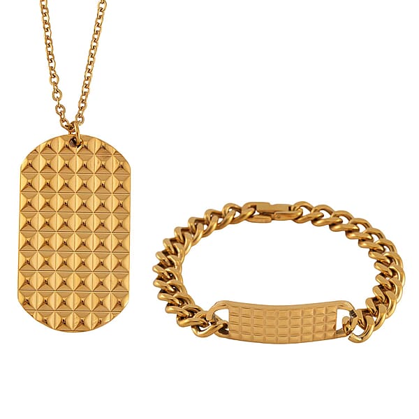 Set of 3 Texture Dog Tag Men's Bracelet (8in) and Pendant Necklace (24 Inches) in ION Plated YG, Black and Stainless Steel