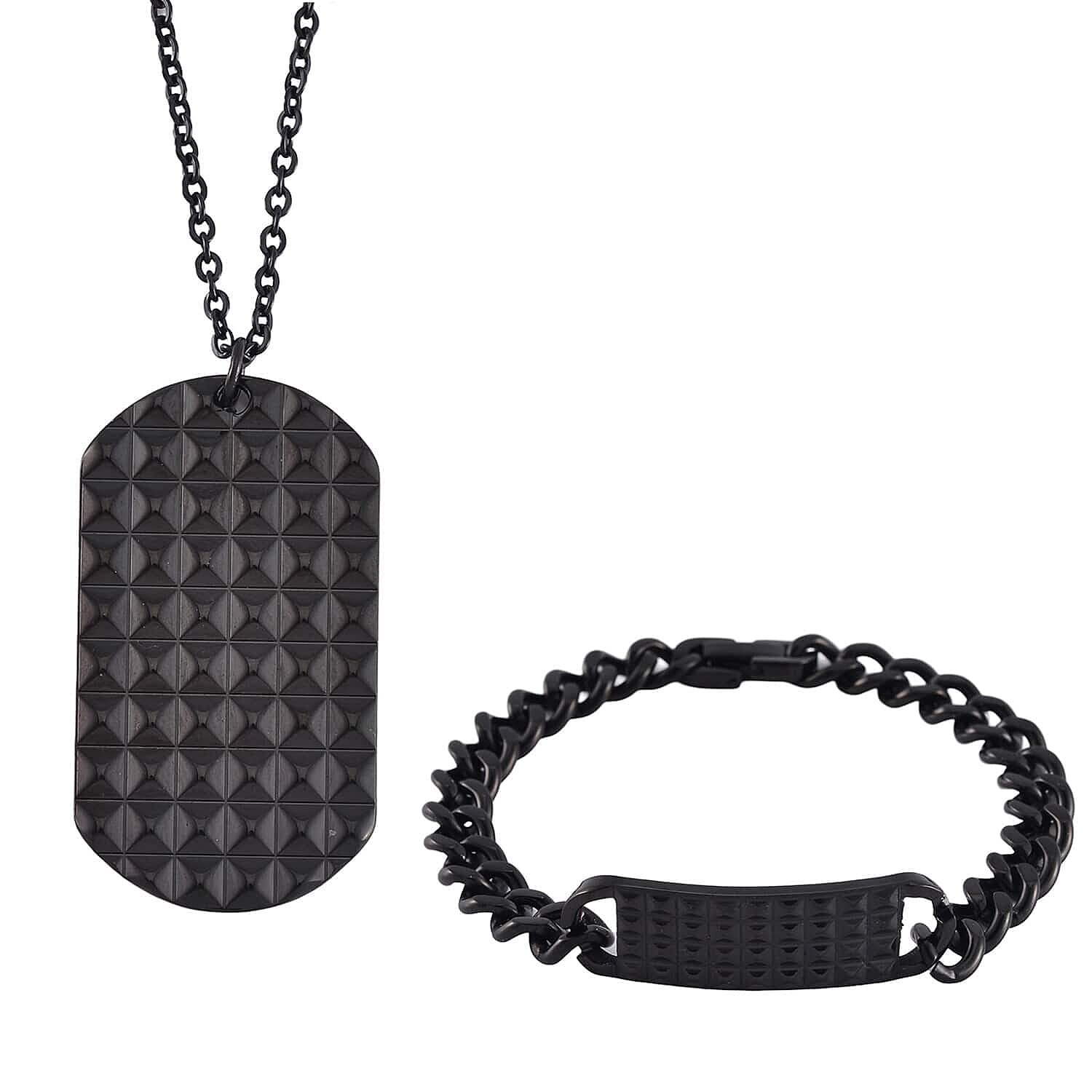 Set of 3 Texture Dog Tag Men's Bracelet (8in) and Pendant Necklace (24 Inches) in ION Plated YG, Black and Stainless Steel