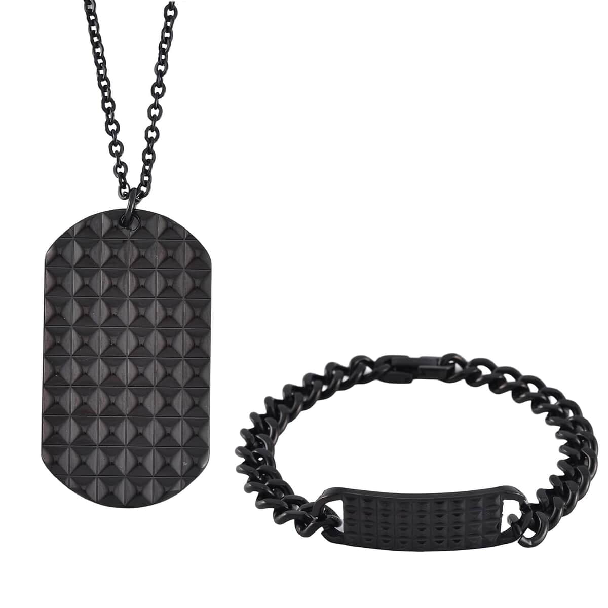 Set of 3 Texture Dog Tag Men's Bracelet (8in) and Pendant Necklace (24 Inches) in ION Plated YG, Black and Stainless Steel image number 6