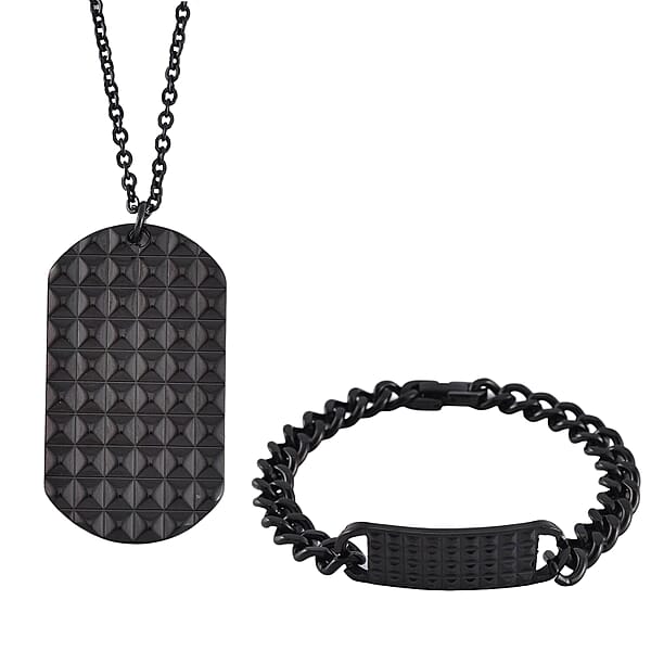 Set of 3 Texture Dog Tag Men's Bracelet (8in) and Pendant Necklace (24 Inches) in ION Plated YG, Black and Stainless Steel