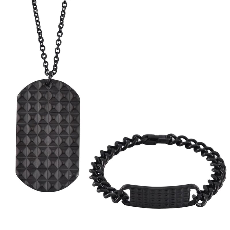 Set of 3 Texture Dog Tag Men's Bracelet (8in) and Pendant Necklace (24 Inches) in ION Plated YG, Black and Stainless Steel