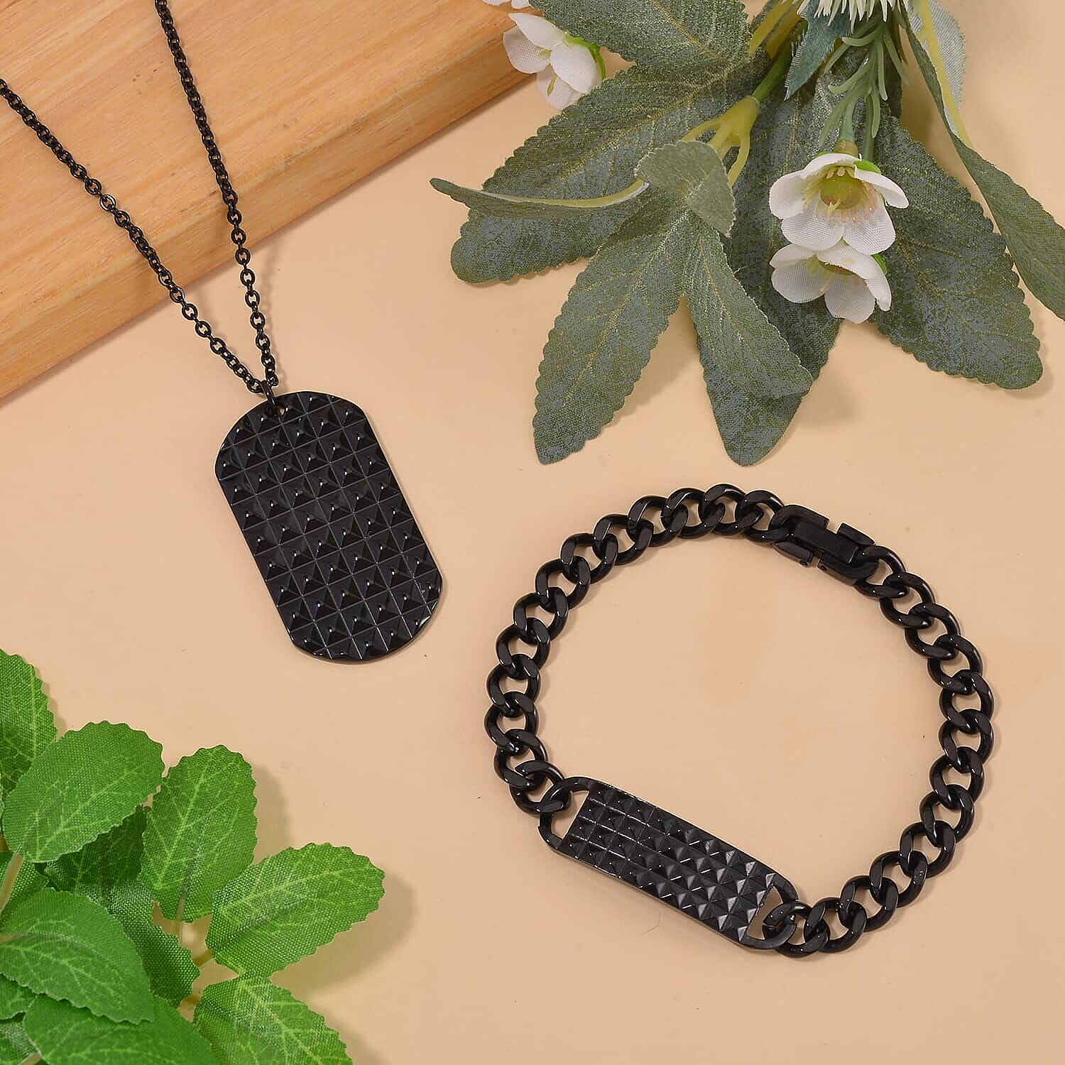 Set of 3 Texture Dog Tag Men's Bracelet (8in) and Pendant Necklace (24 Inches) in ION Plated YG, Black and Stainless Steel