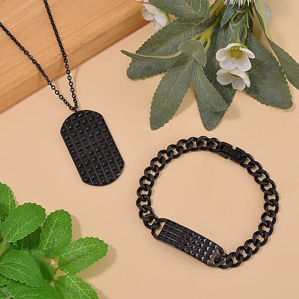 Set of 3 Texture Dog Tag Men's Bracelet (8in) and Pendant Necklace (24 Inches) in ION Plated YG, Black and Stainless Steel