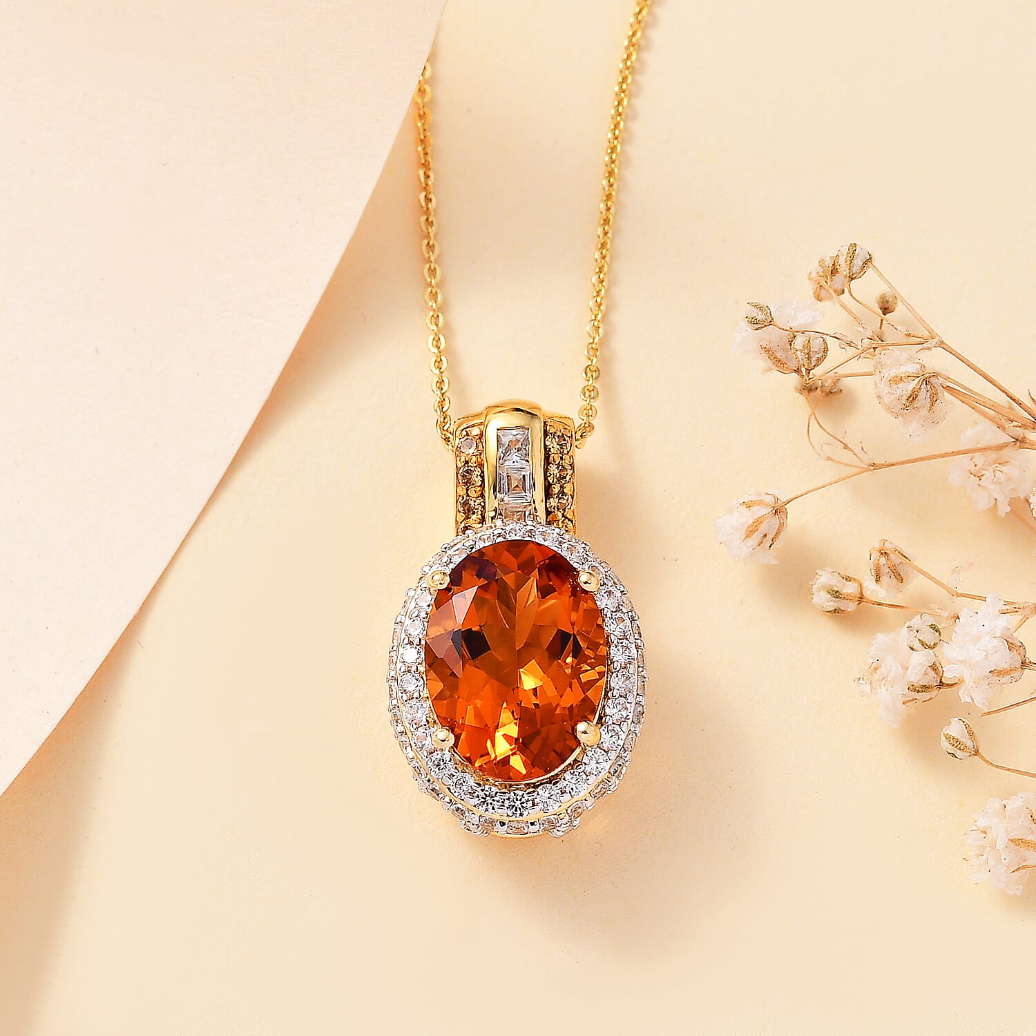 Premium Santa Ana Madeira Citrine and Multi Gemstone 6.70 ctw Halo Pendant Necklace in 14K Vermeil Yellow Gold Over Sterling Silver 20 Inches
