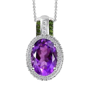 Moroccan Amethyst and Multi Gemstone 7.35 ctw Halo Pendant Necklace in Platinum Over Sterling Silver 20 Inches