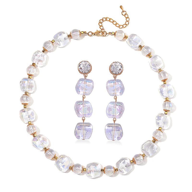 Aurora Borealis Glass and Aurora Borealis Austrian Crystal Necklace 24-26 Inches and Earrings in Goldtone