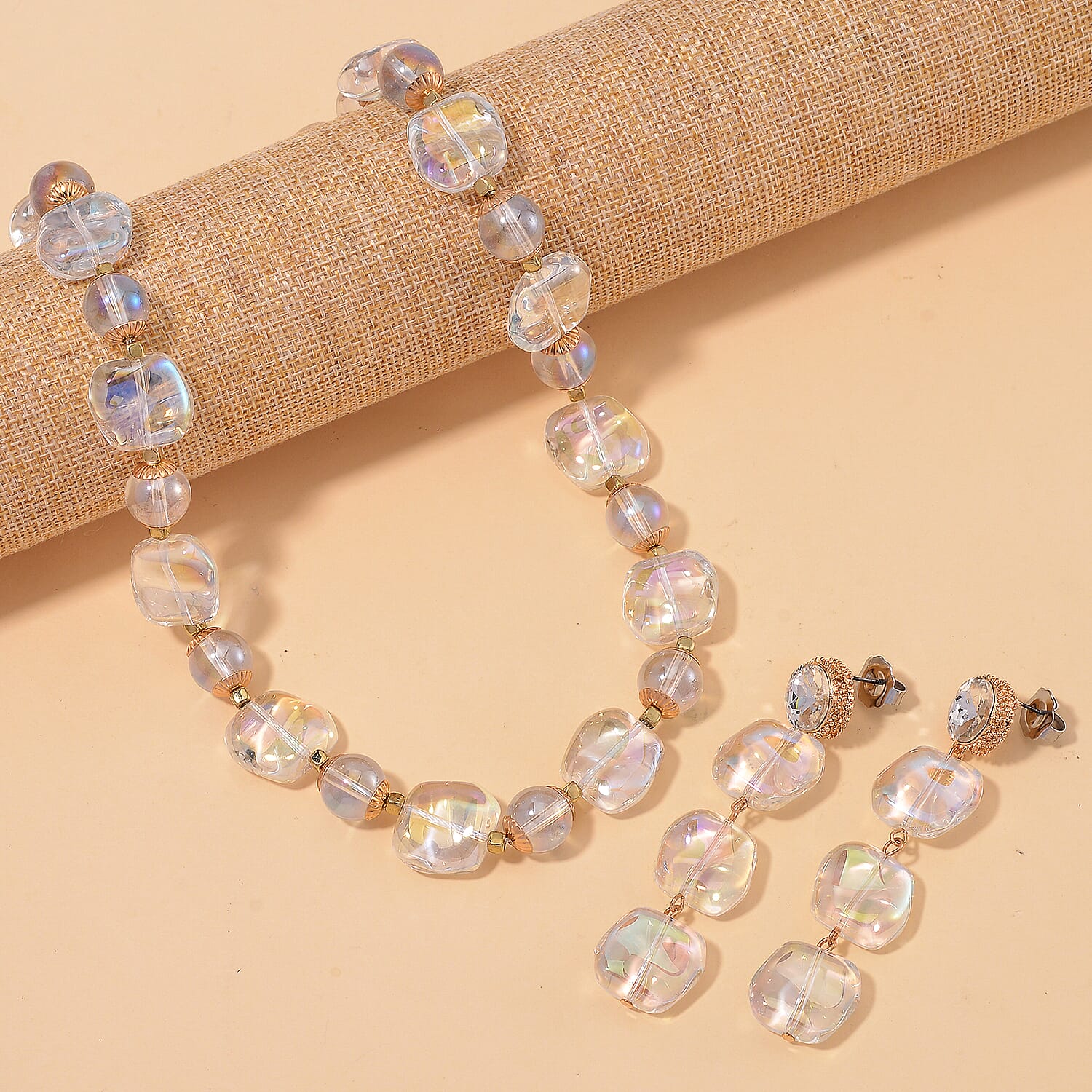 Aurora Borealis Glass and Aurora Borealis Austrian Crystal Necklace 24-26 Inches and Earrings in Goldtone