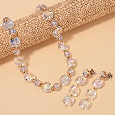 Aurora Borealis Glass and Aurora Borealis Austrian Crystal Necklace 24-26 Inches and Earrings in Goldtone