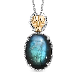 Karis Malagasy Labradorite 15.35 ctw Lion Pendant in 18K YG Plated and Platinum Bond With Stainless Steel Necklace 20 Inches